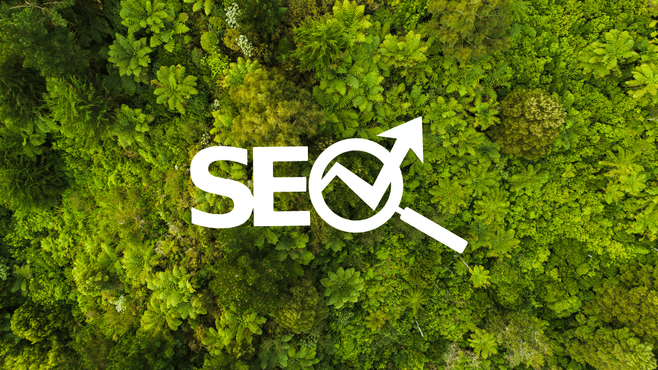 Sustainable SEO Tips Blog Banner with SEO icon over forest